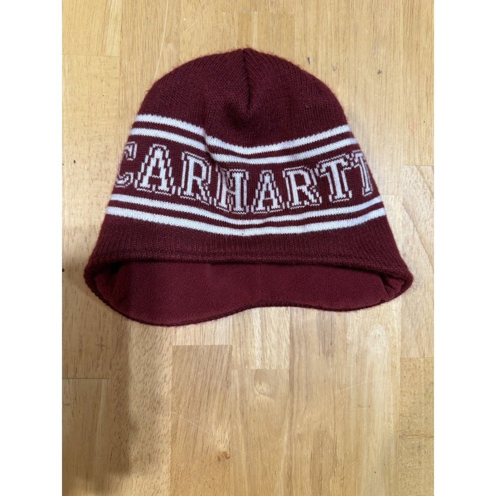 Carhartt Spellout Burgundy Fleece Lined Knit Beanie Winter Hat Ear Flaps
